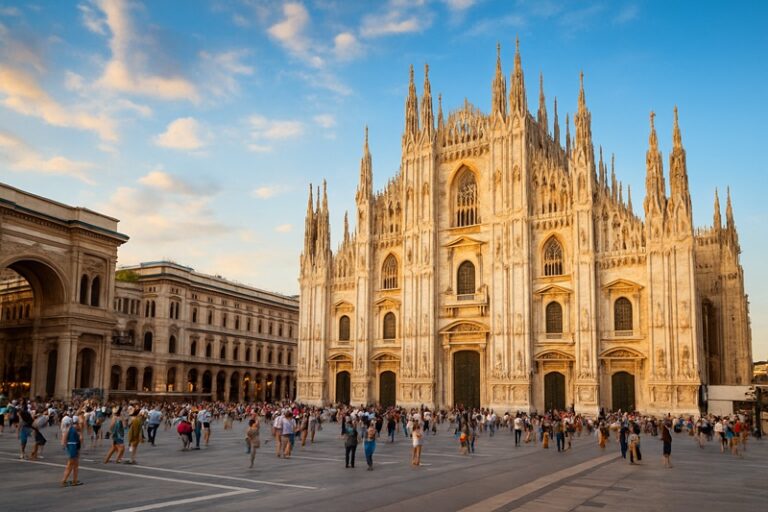 Panorama Piazza del Duomo w Mediolanie o zachodzie słońca z widokiem na katedrę Duomo i Galleria Vittorio Emanuele II oraz spacerujących turystów.