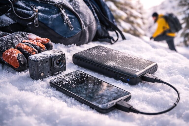Powerbank i urządzenia elektroniczne używane w niskiej temperaturze zimą podczas podróży, leżące na śniegu w górskim otoczeniu