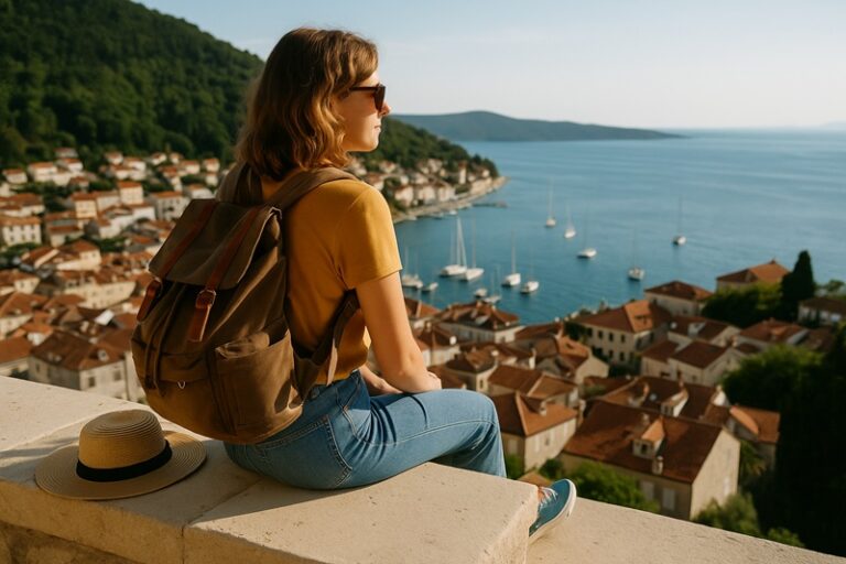 Podróżniczka z plecakiem siedząca na murze i podziwiająca nadmorskie miasteczko, symbol turystyki slow, spokojnego podróżowania i świadomego wypoczynku.