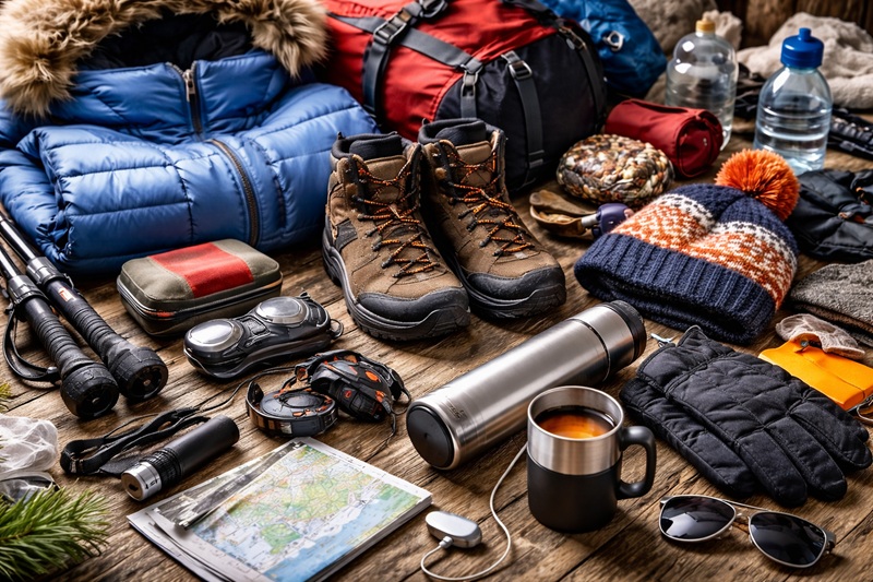 Akcesoria na zimowy wyjazd ułożone na drewnianym stole – ciepła kurtka, buty trekkingowe, plecak, termos, rękawiczki i zimowe wyposażenie podróżne