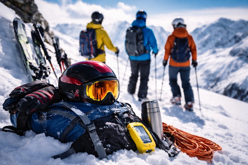 Sprzęt bezpieczeństwa do sportów zimowych na śniegu z grupą narciarzy w górskim krajobrazie, kask, rękawice i akcesoria ochronne na pierwszym planie