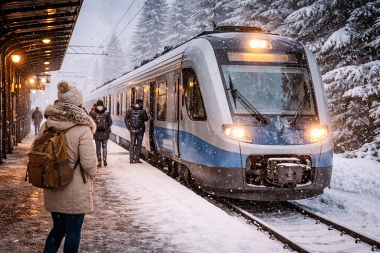podróż pociągiem zimą – pasażerowie na zaśnieżonym peronie wsiadający do pociągu w zimowej scenerii