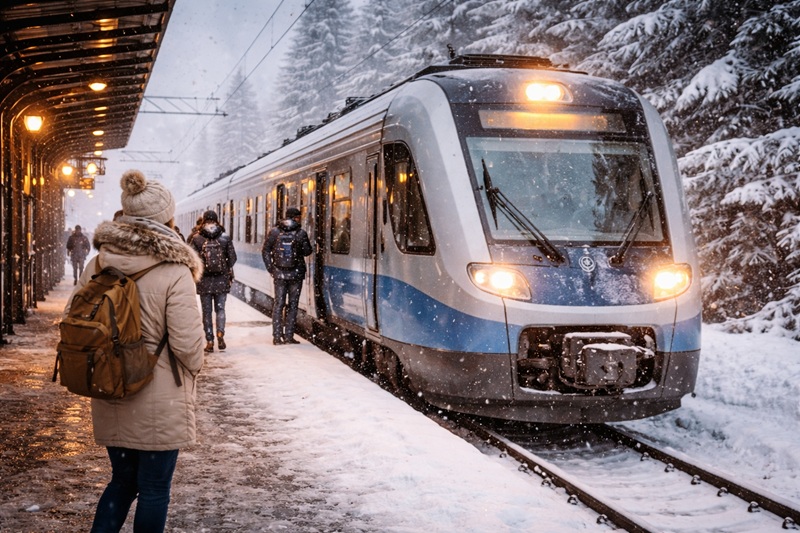 podróż pociągiem zimą – pasażerowie na zaśnieżonym peronie wsiadający do pociągu w zimowej scenerii