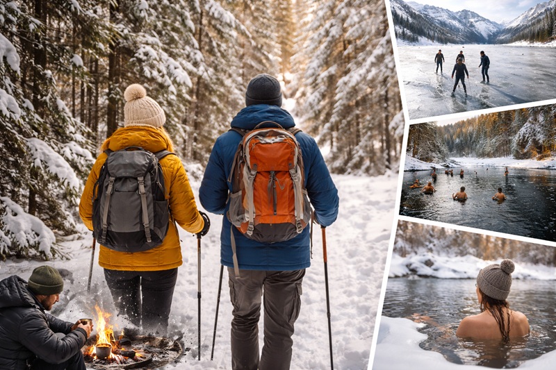 Zimowa turystyka bez nart – para turystów z plecakami idzie leśnym szlakiem w śniegu, trekking w górach, aktywny wypoczynek zimą
