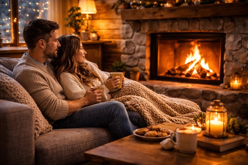 noclegi z kominkiem para odpoczywająca przy kominku w przytulnym wnętrzu domku zimowego