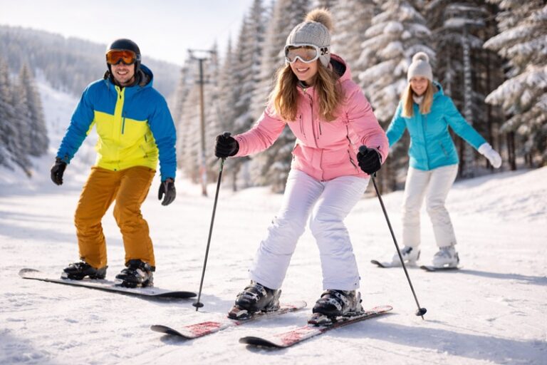 sporty zimowe dla początkujących grupa osób uczących się jazdy na nartach i snowboardzie na ośnieżonym stoku