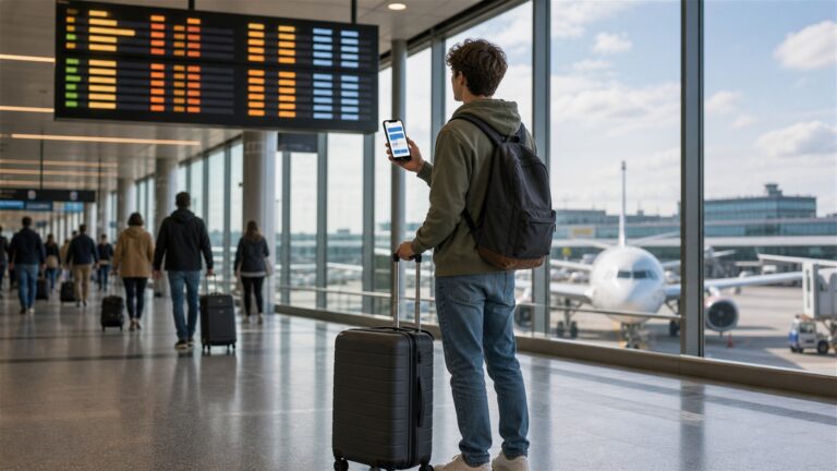 Pierwszy lot samolotem — podróżny z walizką przygotowuje się na lotnisku