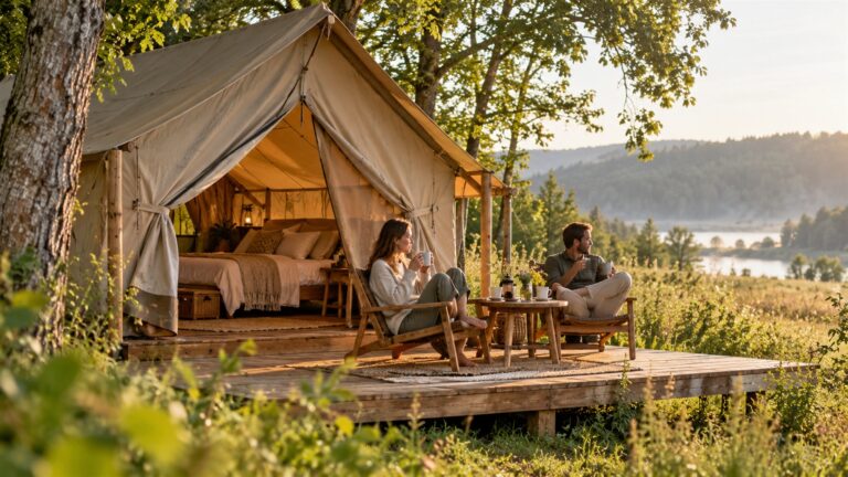 Glamping z wygodnym namiotem i tarasem pośród natury
